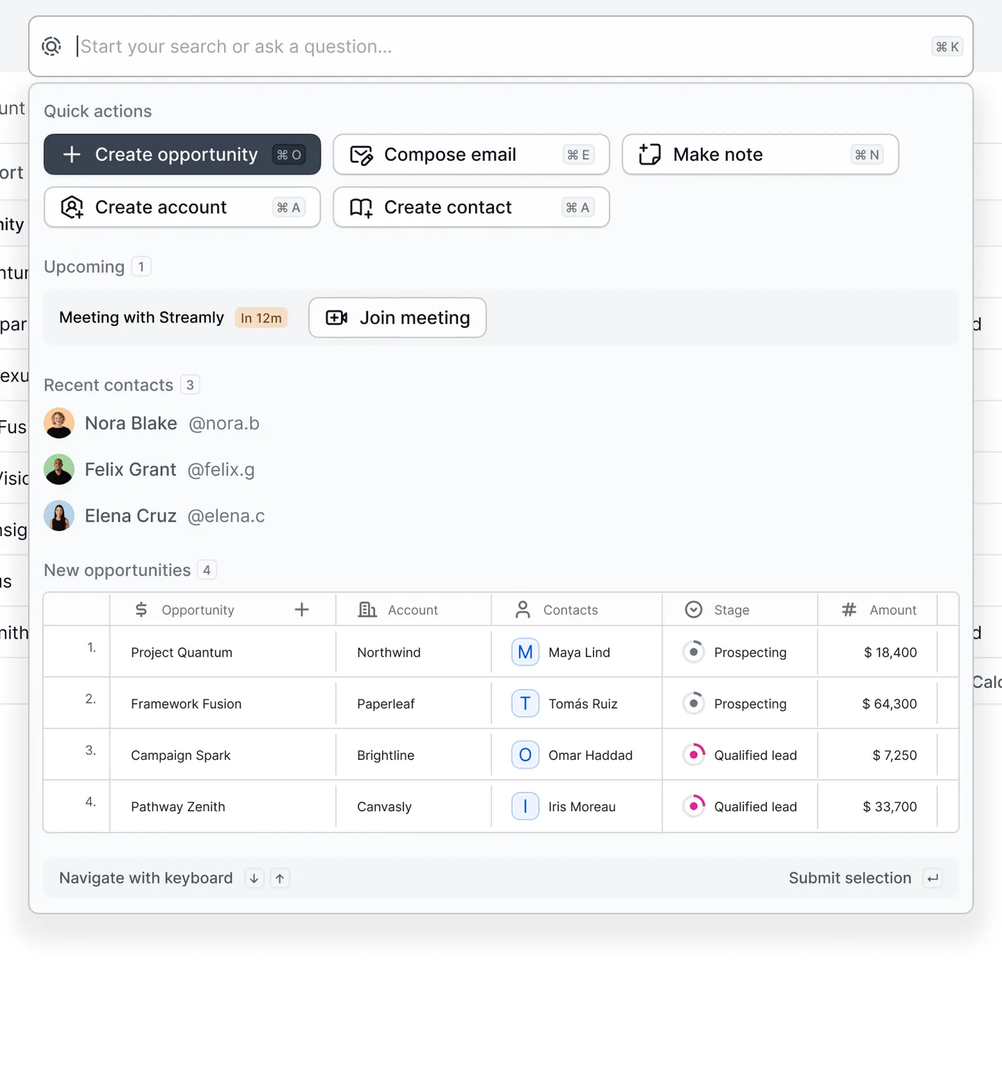 The command bar opened over the pipeline, with quick-create actions, an upcoming meeting, recent contacts, and new opportunities