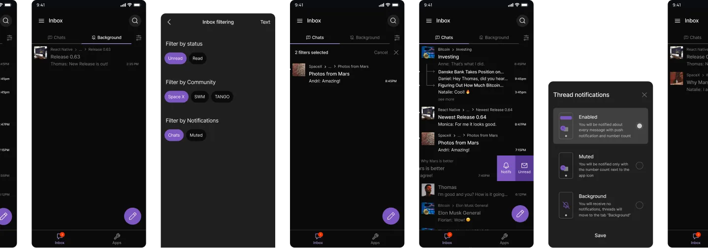 Prototype screens: inbox, filters, notification settings and swipe-to-mute