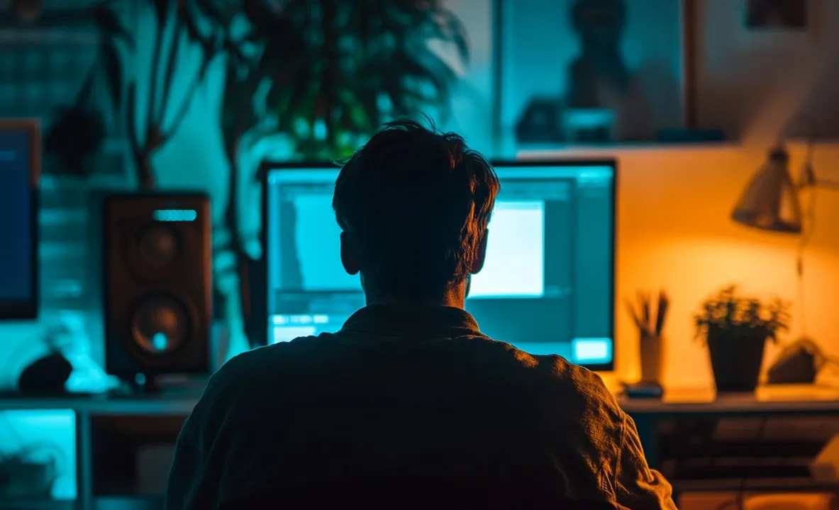 A person working at a desk in a dark room