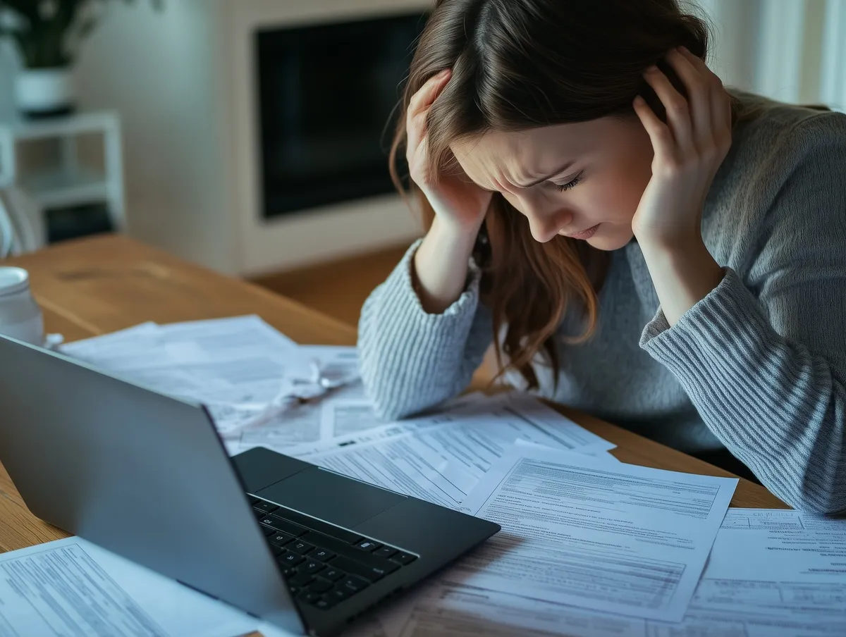 A stressed person holding their head over tax papers and a laptop
