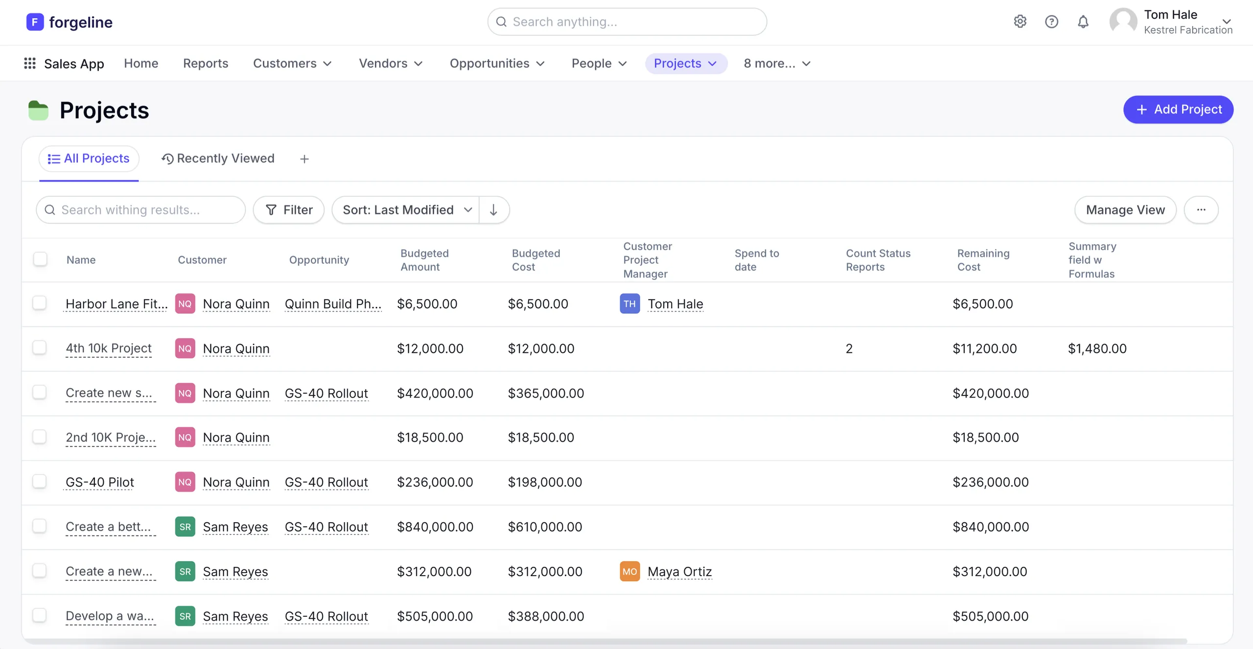 The platform before the redesign: a crowded horizontal tab bar above a dense Projects table