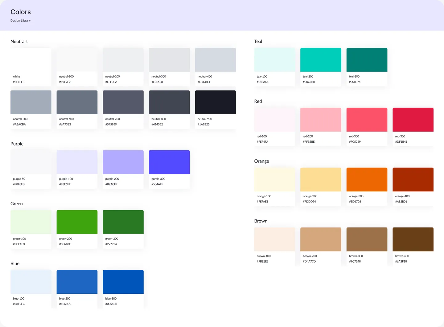 The full colour token system: Neutrals, Purple, Green, Blue, Teal, Red, Orange and Brown scales with hex values