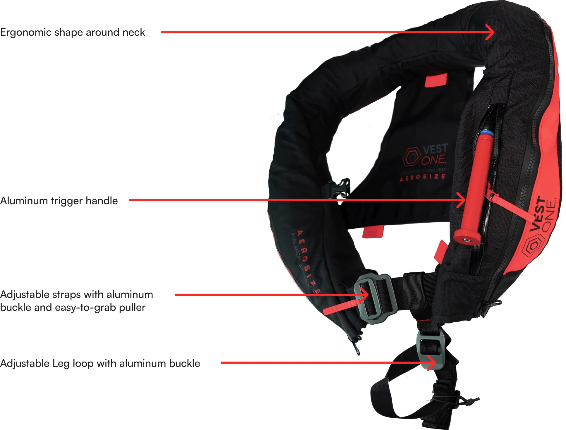 The vest with callouts: ergonomic shape around neck, aluminum trigger handle, adjustable straps with aluminum buckle and easy-to-grab puller, adjustable leg loop with aluminum buckle