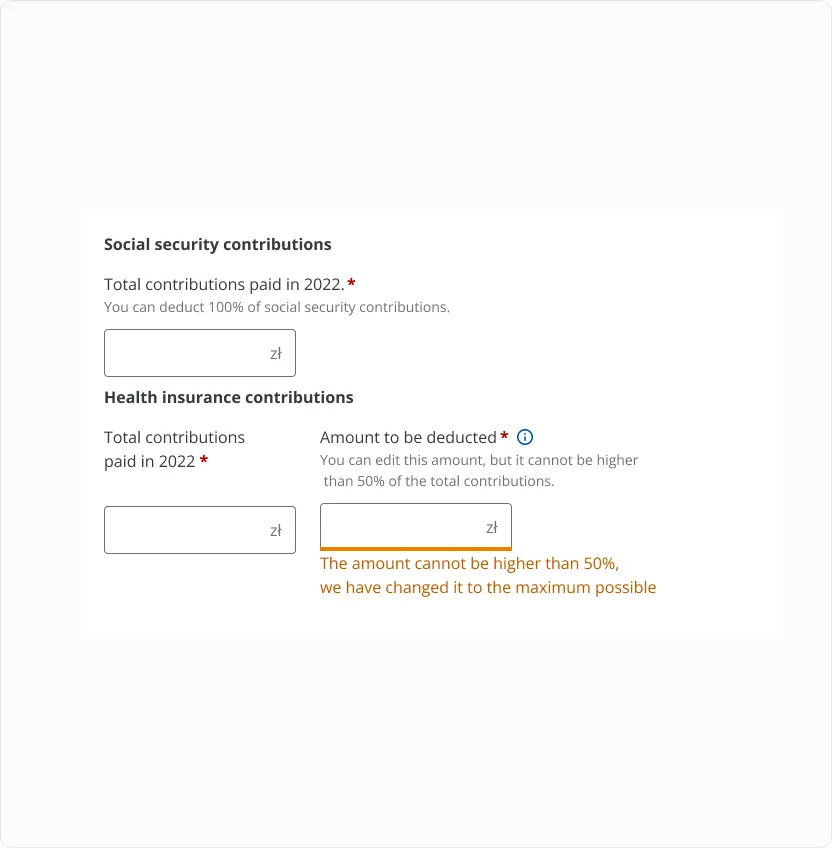 Health insurance field showing the restored maximum amount and a message