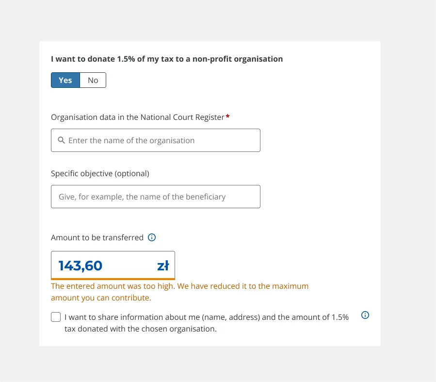 The 1.5% for public benefit organisations form section