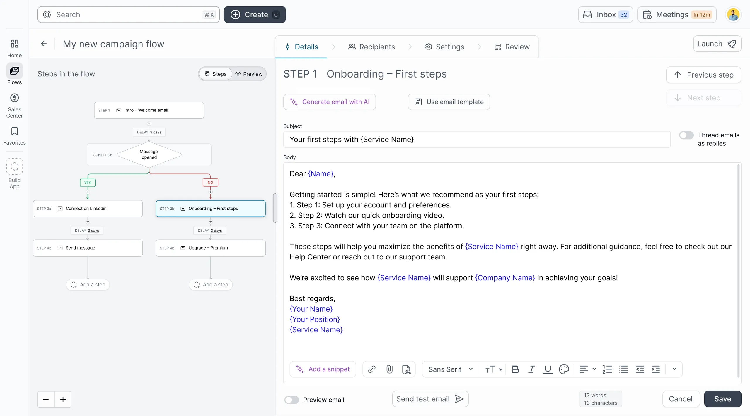 The flow builder: a campaign with a conditional branch on the canvas, and the selected step’s AI-drafted email in the details panel