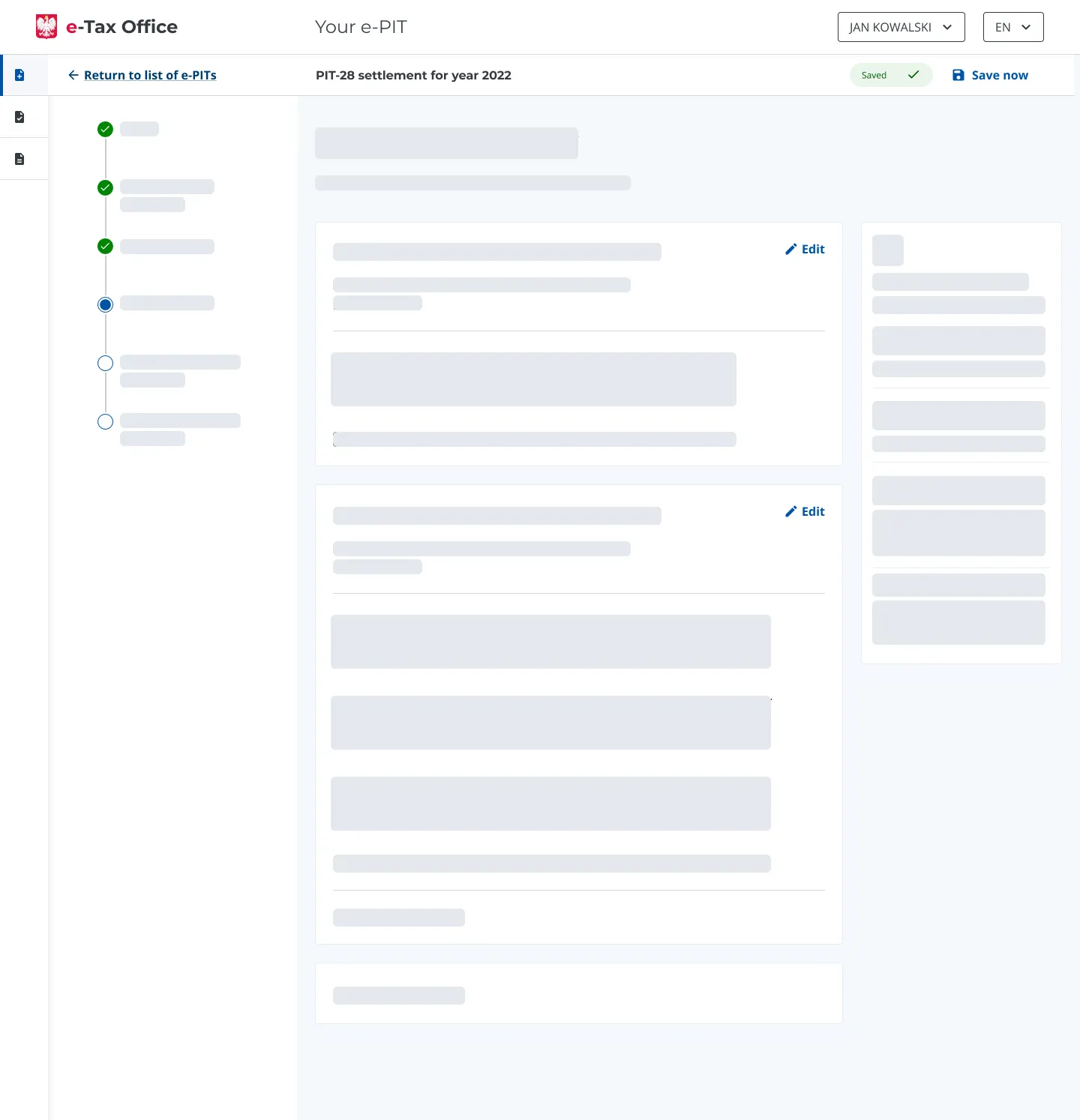 Wireframe of the form page layout: progress sidebar, content area and help section