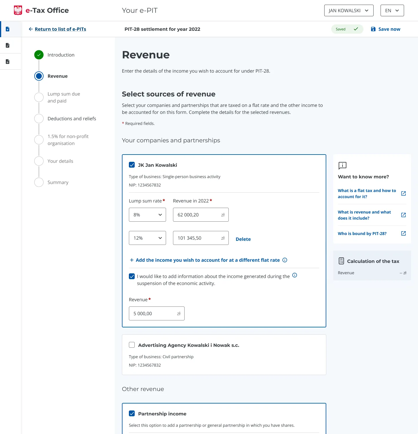 The Revenue step of the PIT-28 form
