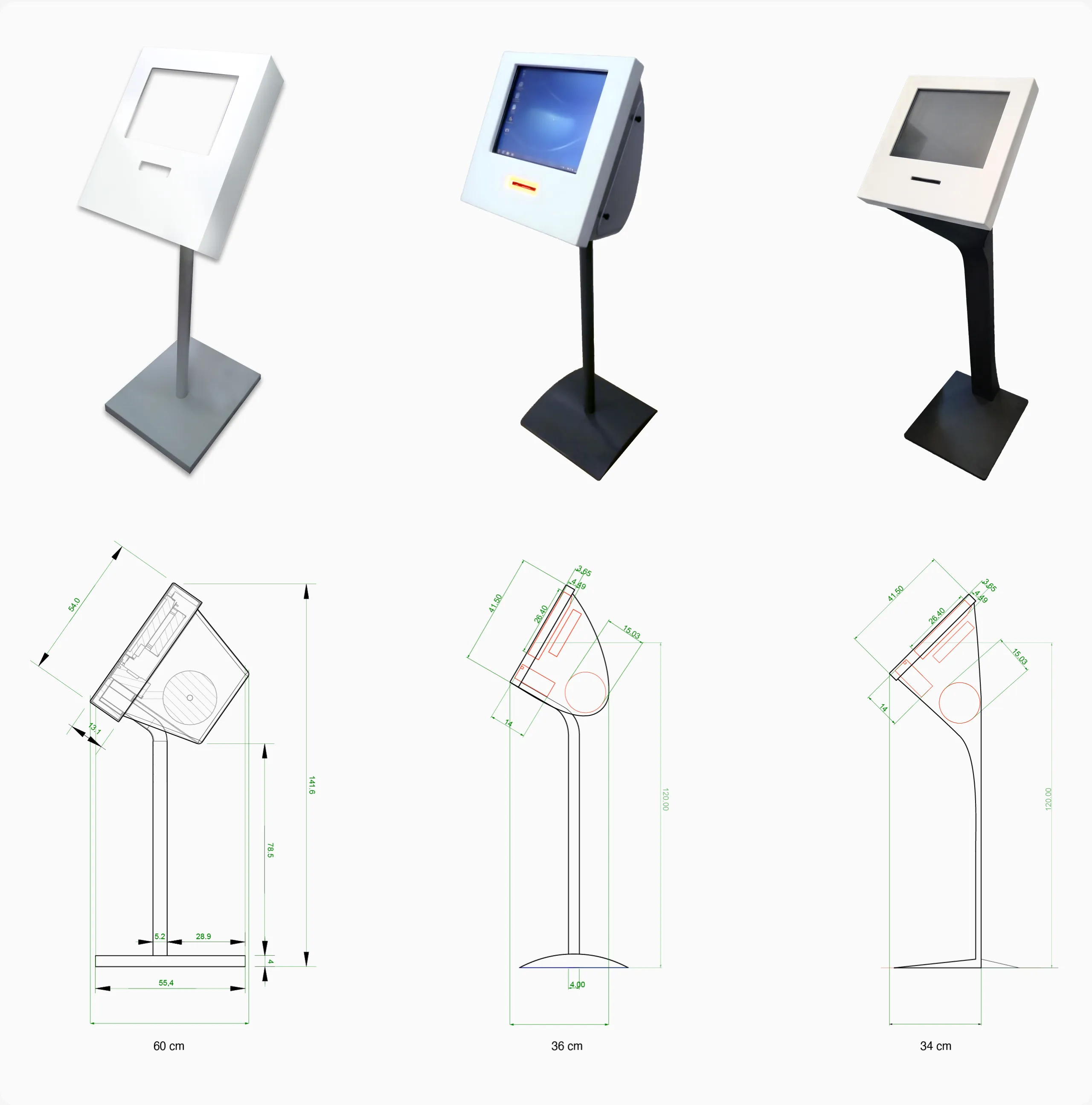 Three kiosk revisions with technical drawings