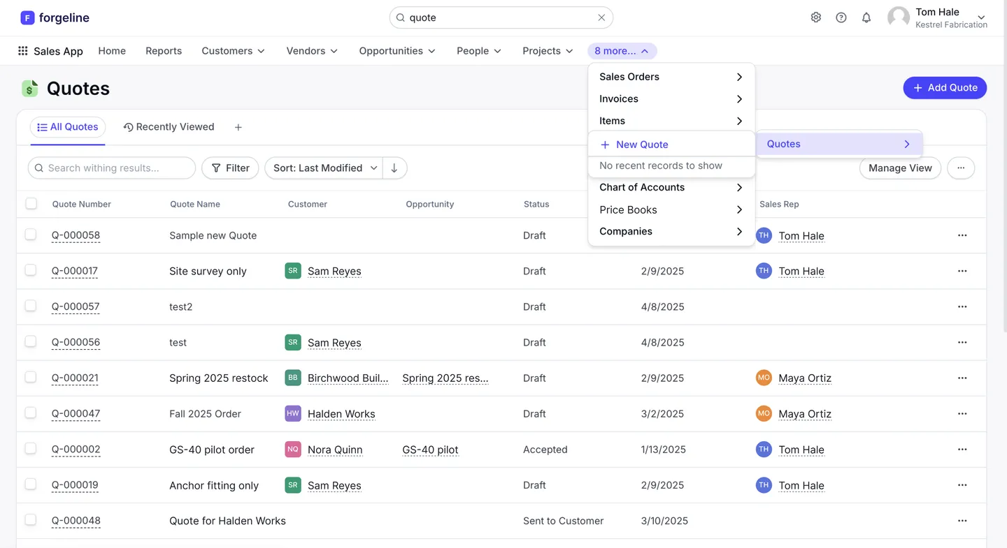 The old Quotes list: the "8 more…" tab overflows into a nested dropdown that covers the table below
