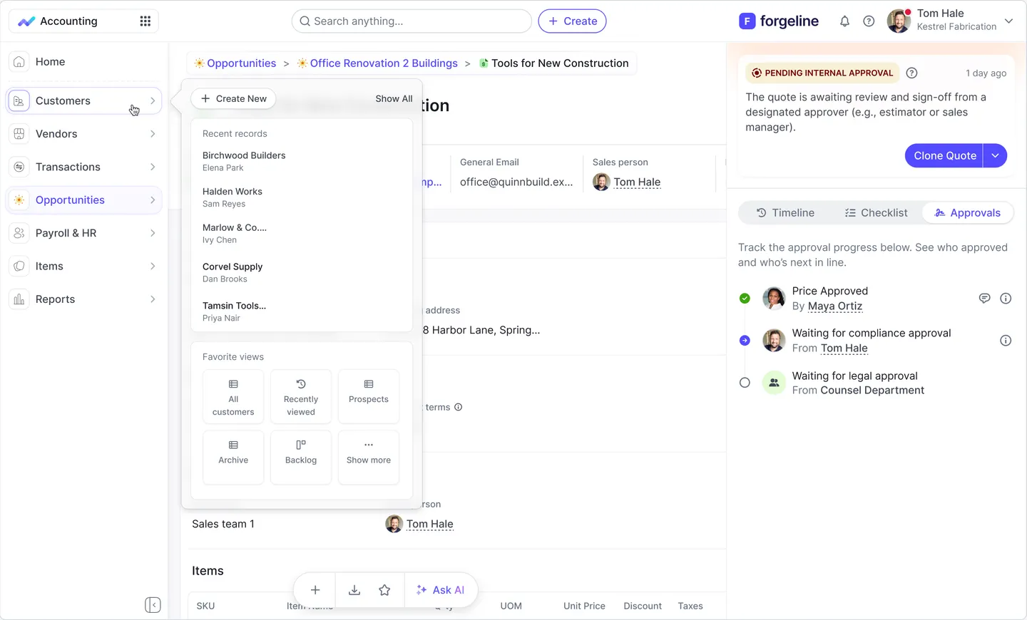 Hovering a sidebar module shows recent records and favourite views