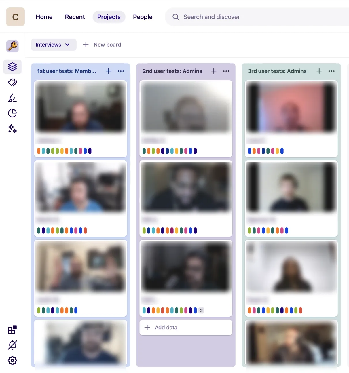 Board of interview recordings grouped by user test, participants blurred