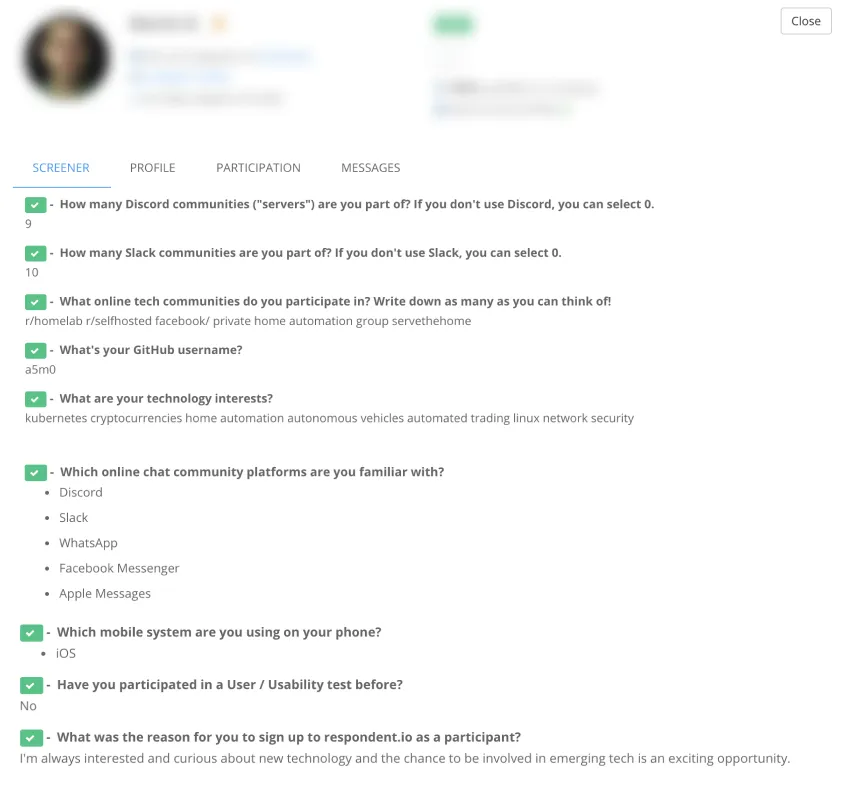 Screener answers from a recruited participant (personal details blurred)