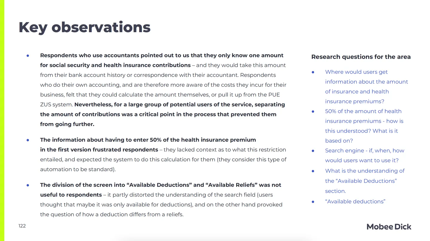Report slide with key observations