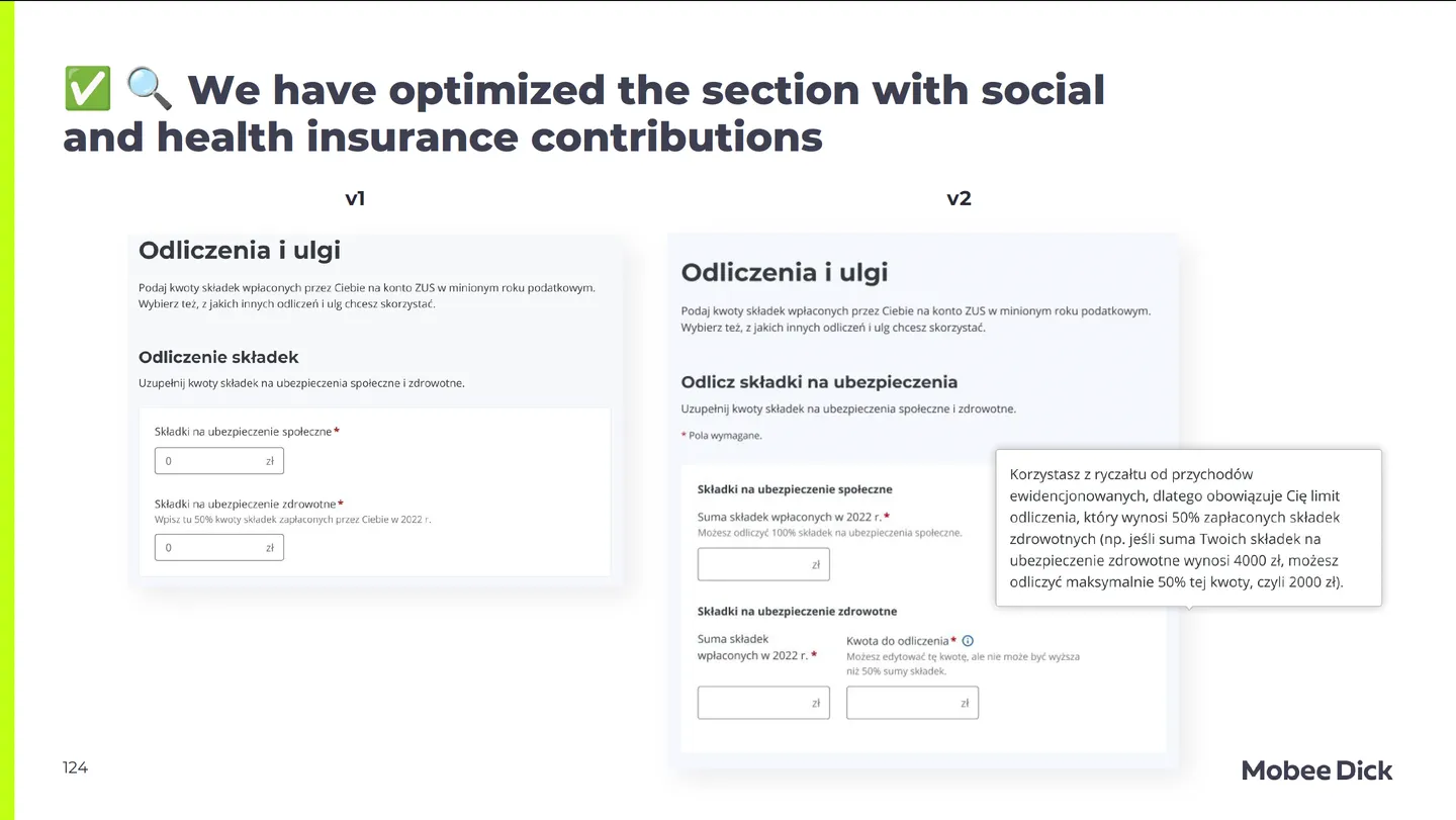 Report slide comparing two versions of the social and health insurance section