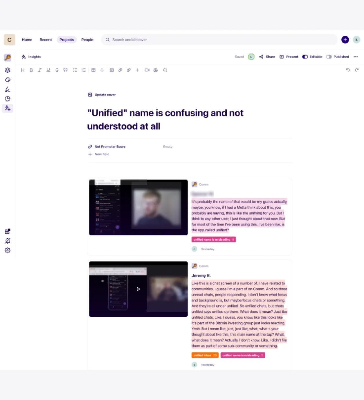 Tag summary of findings by feature
