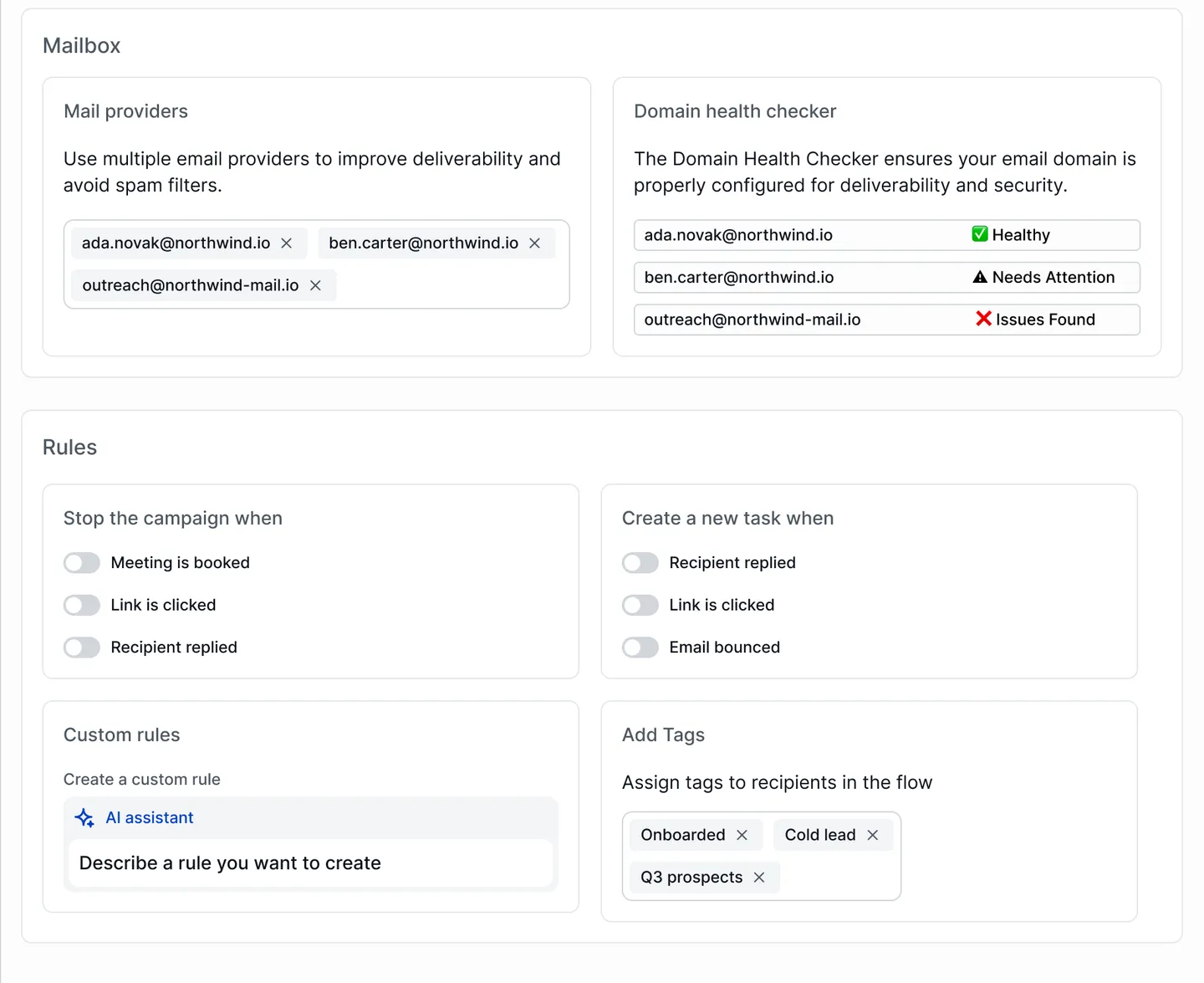 Campaign settings: mail providers, domain health checks, stop and task rules, AI custom rules, and tags