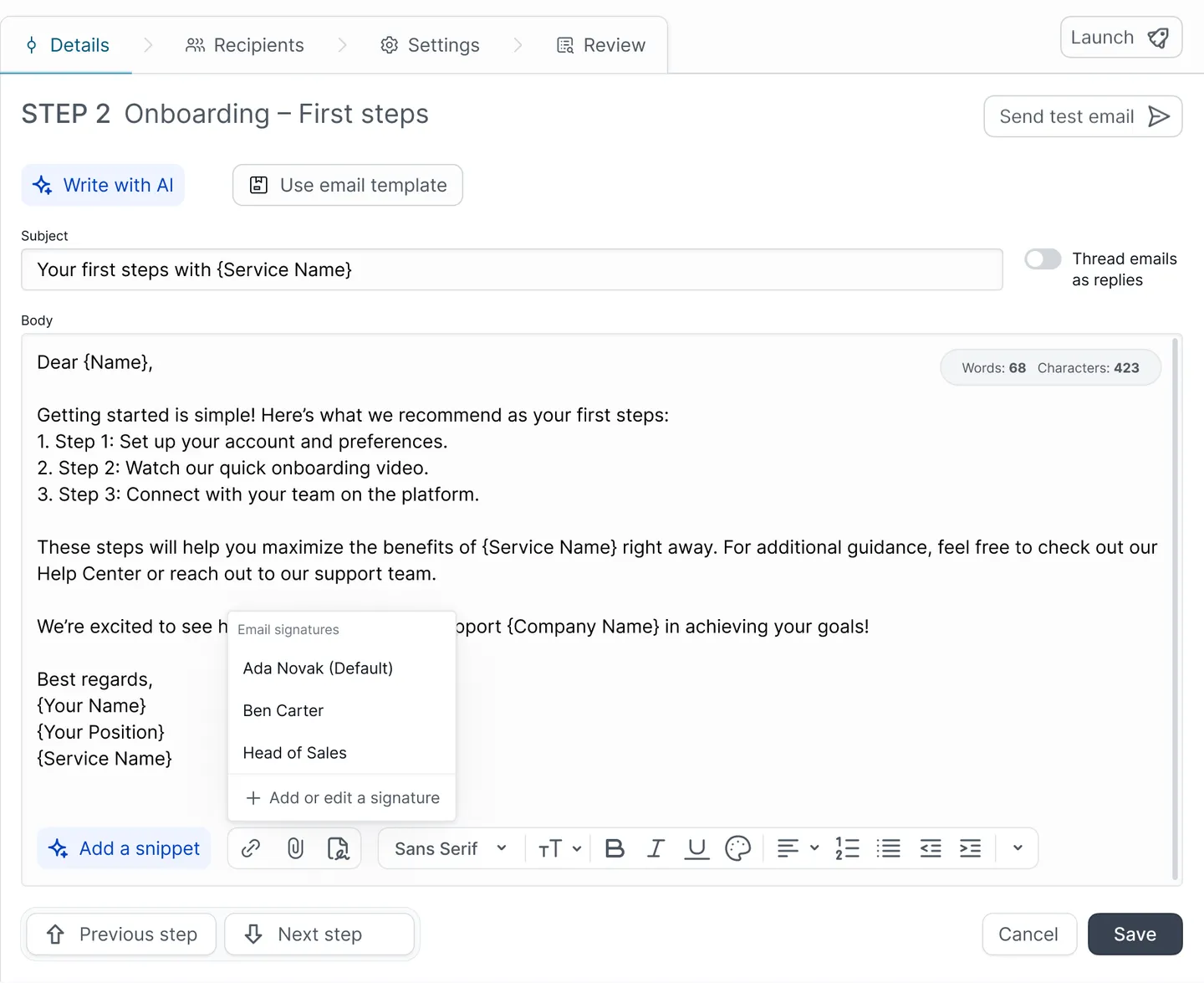 Choosing a saved email signature while editing a flow step