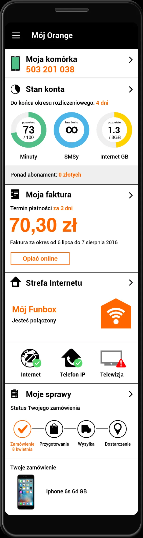 The redesigned My Orange main screen