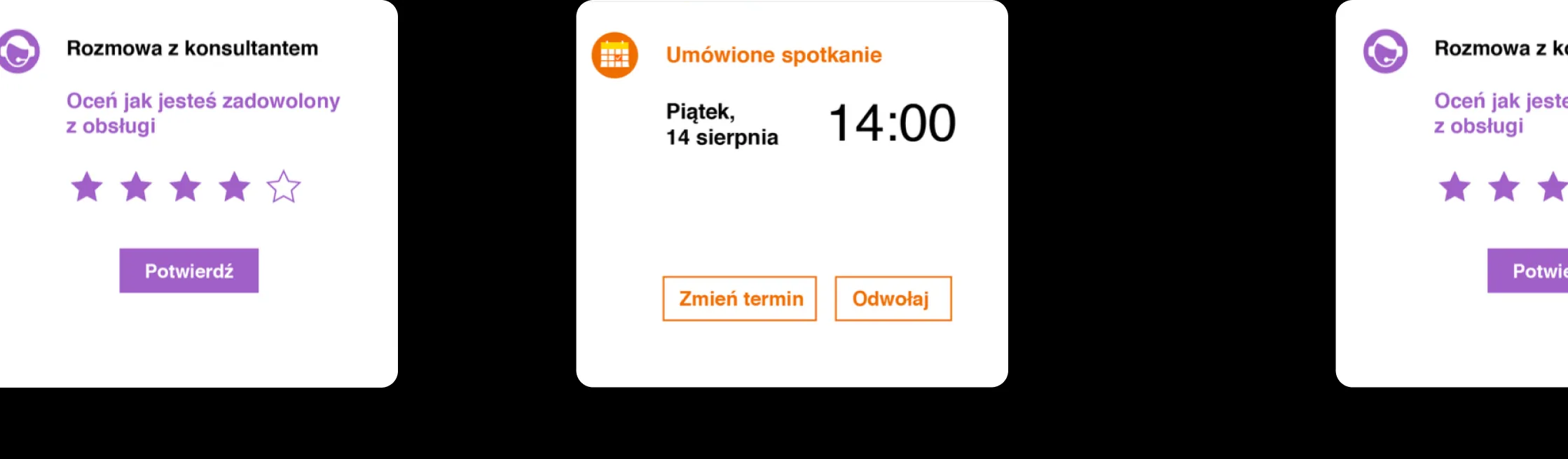 Cards showing recent interactions: contact with an advisor, a booked store visit and an order status