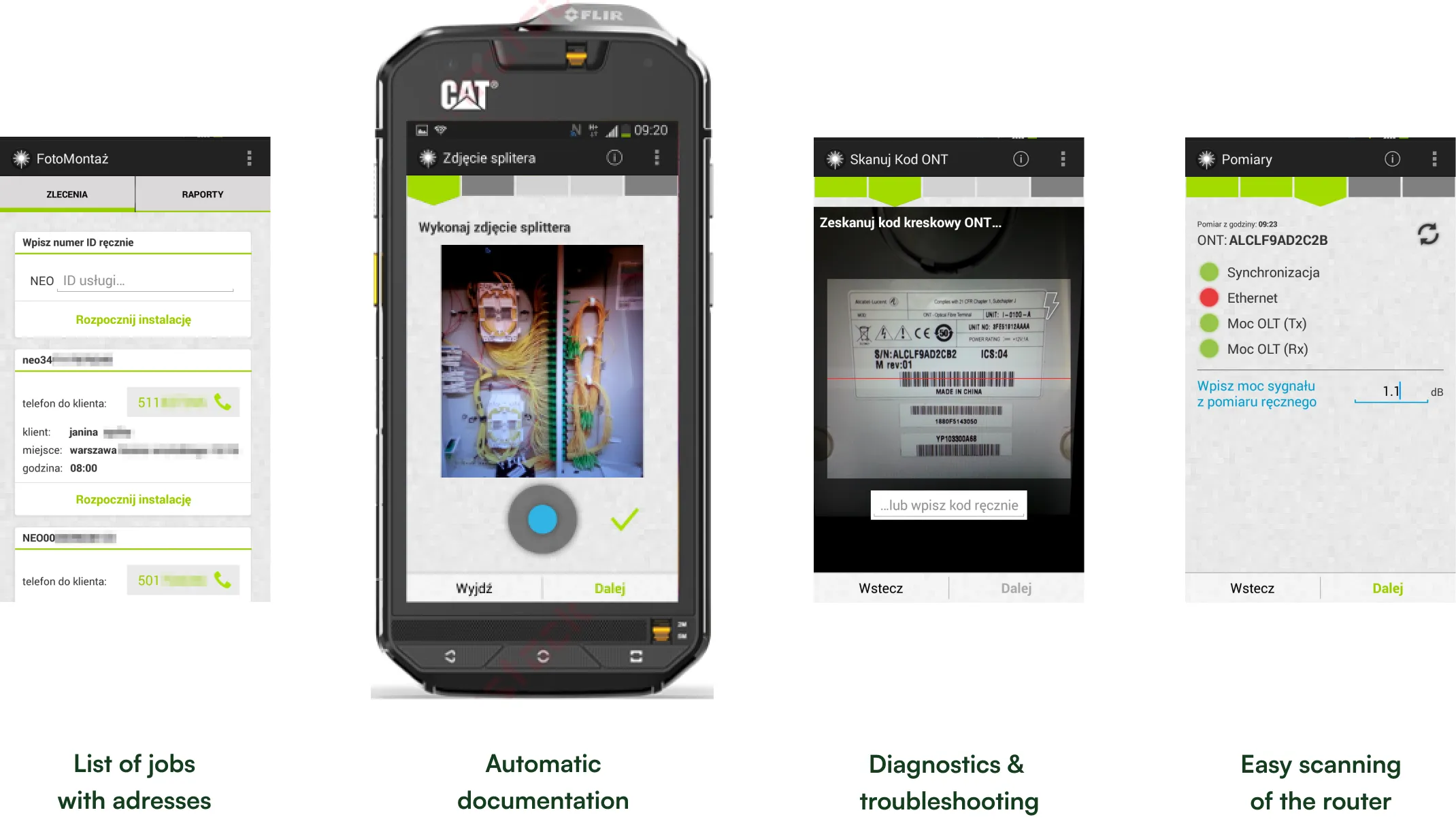 The Photomontage app: list of jobs with addresses, automatic documentation, diagnostics and troubleshooting, and easy scanning of the router