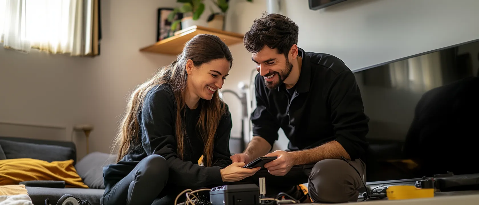 A technician and a customer happy with a fibre internet installation