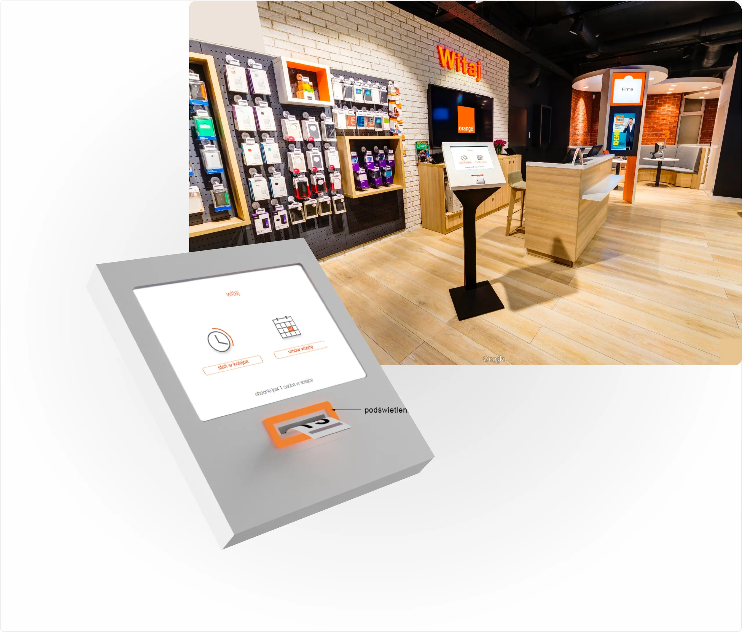 The kiosk in the first Smart Store, with a render of the shop interior
