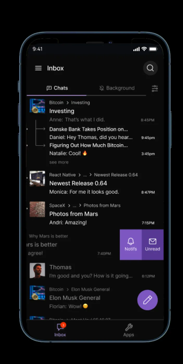 Inbox screen with swipe-to-mute actions
