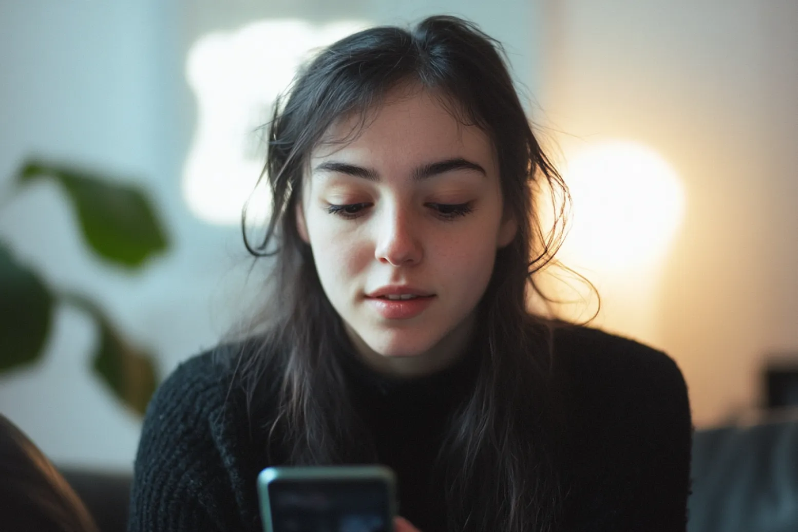 A woman looking at a phone
