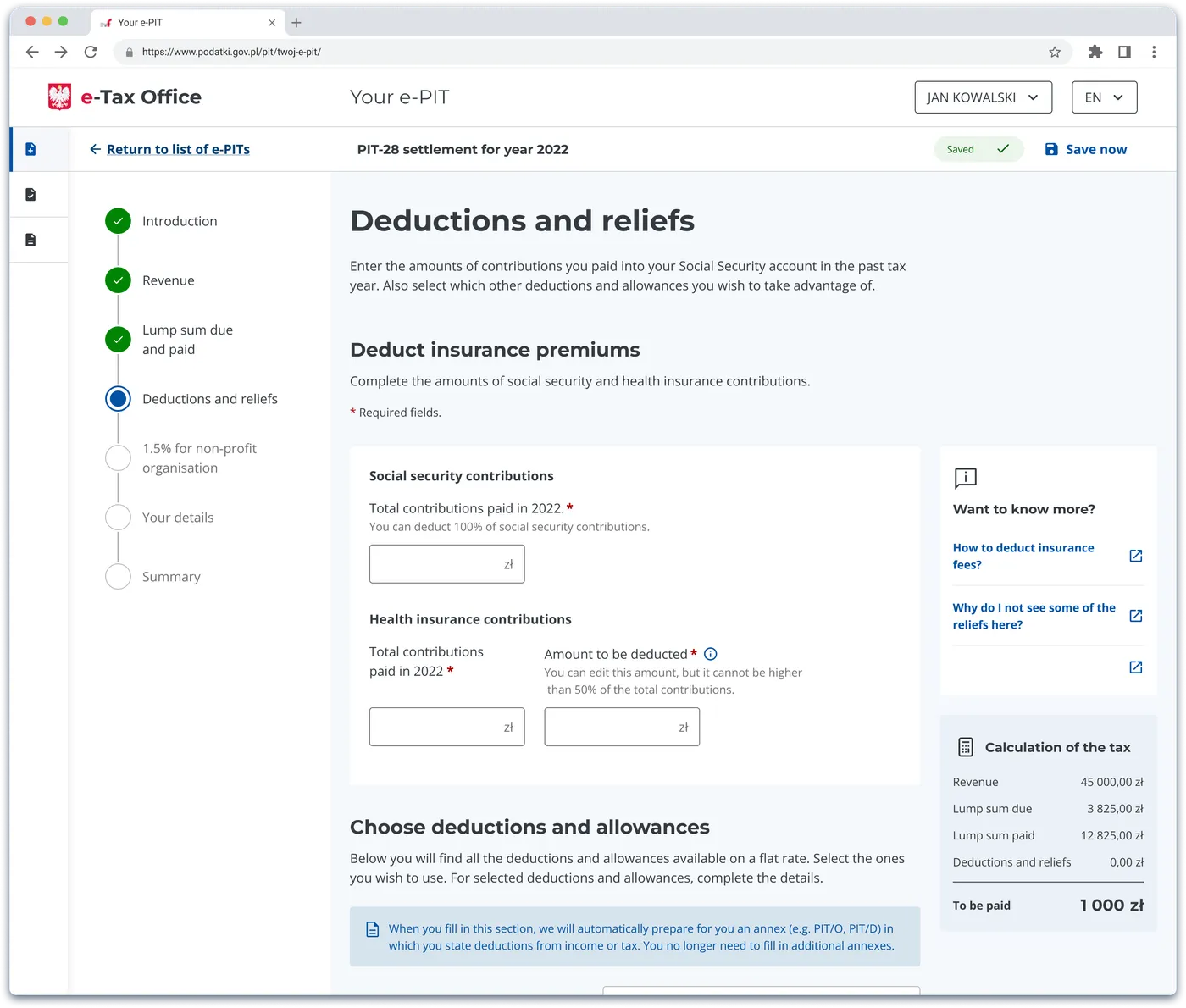 PIT-28 Deductions and reliefs step, desktop