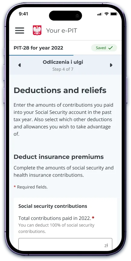 PIT-28 Deductions and reliefs step, mobile