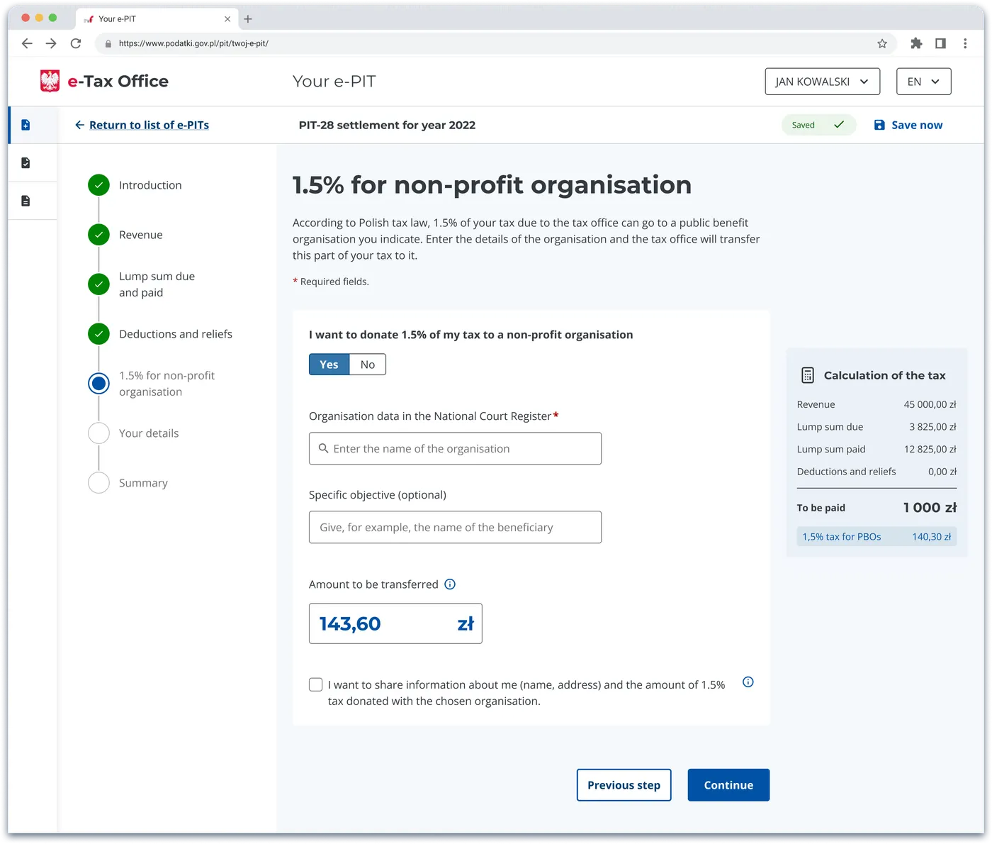 PIT-28 1.5% for non-profit organisation step, desktop