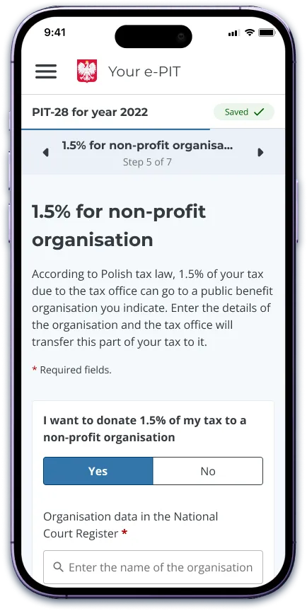 PIT-28 1.5% for non-profit organisation step, mobile