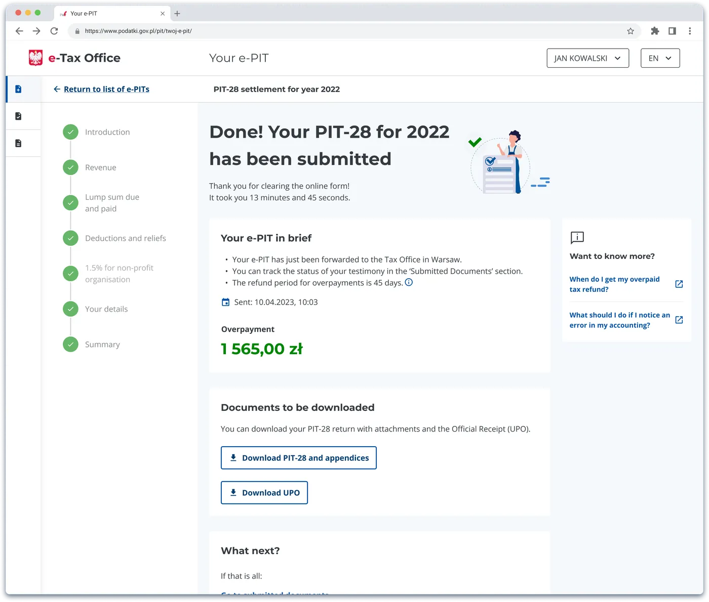 PIT-28 submission confirmation, desktop