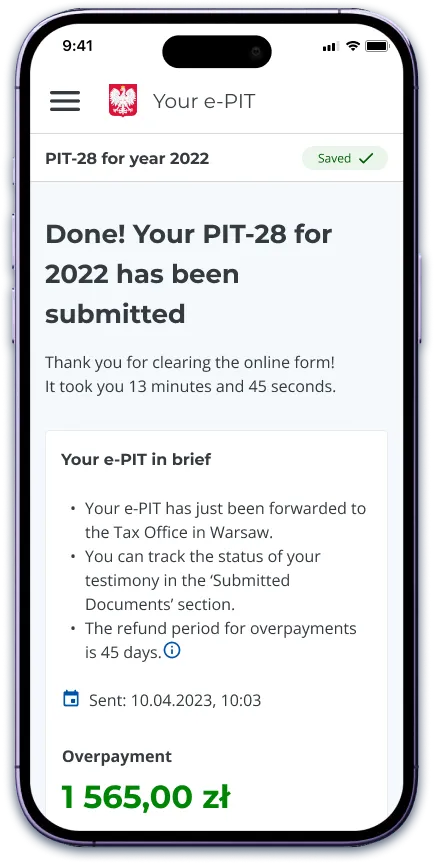 PIT-28 submission confirmation, mobile