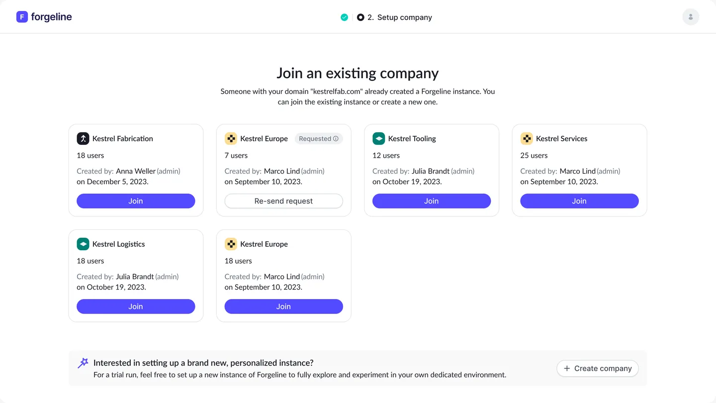 Onboarding step: join an existing company instance or create a new one