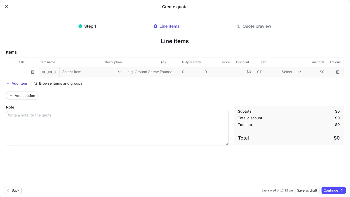 Quote wizard: adding line items, with totals and autosave