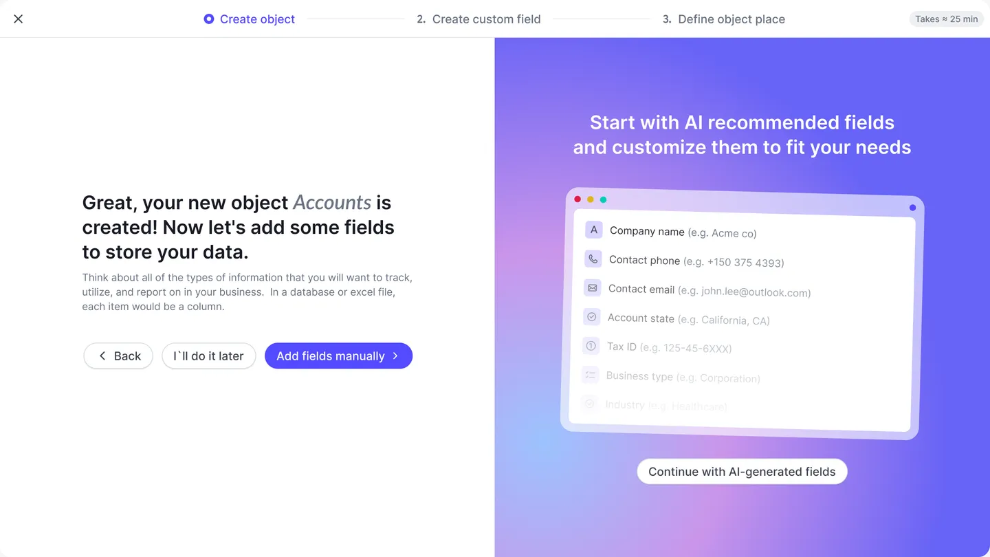 Object creation wizard offering AI-recommended fields