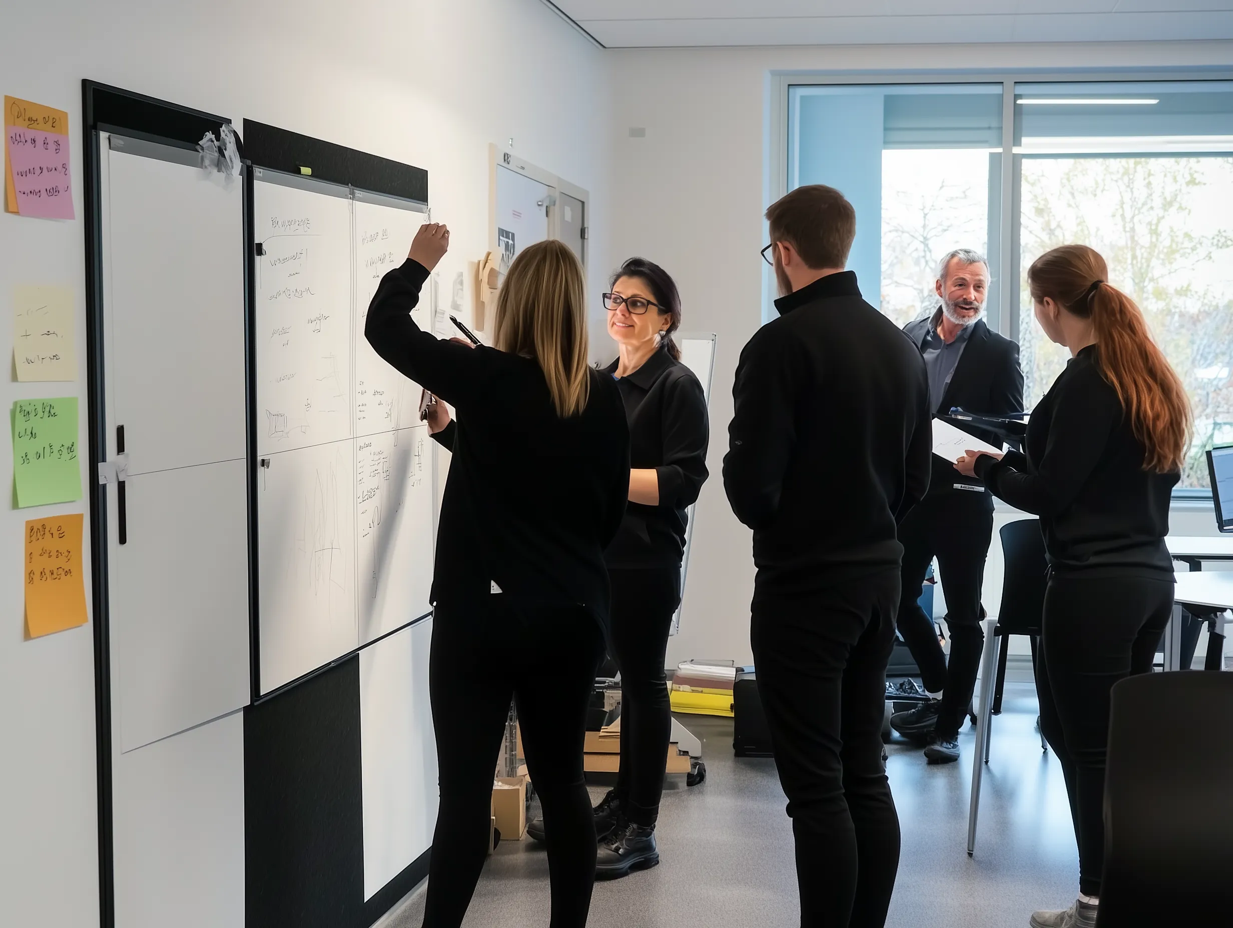 A workshop with whiteboards and shop employees in black uniforms